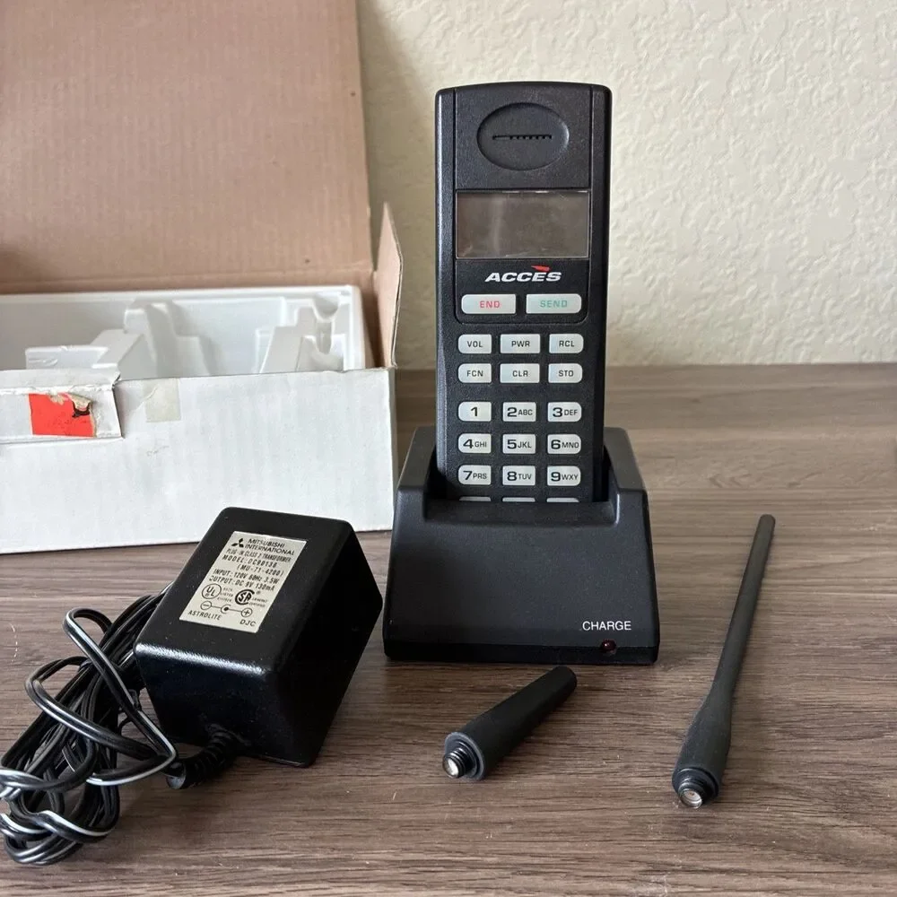 Vintage Acces Cellular Phone With Base, Antenna, Box And Manual, Mitsubishi Intl